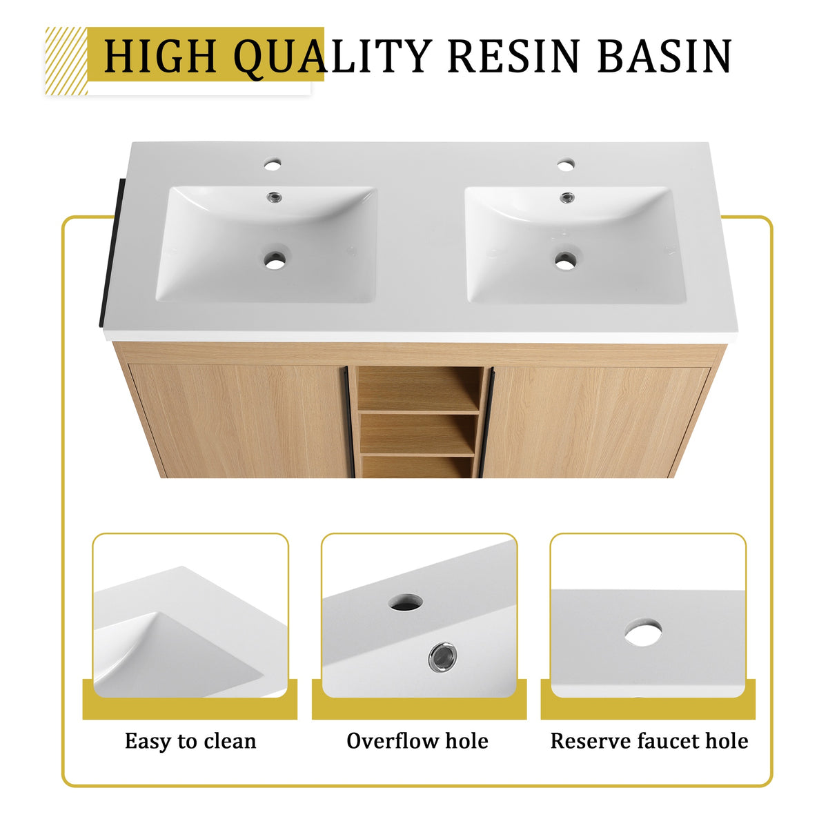 48" Freestanding Bathroom Vanity With Resin Double Sink, 2-Soft Close Door & 3-Open Storage Rack, KD-Packing, Plywood