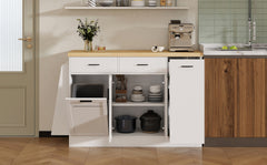 TREXM Multi-Functional Storage Sideboard, Trash Can Storage, Sliding Door Cabinet & 3-Tier Spice Rack,Kitchen Island Table for Kitchen, Dining Room (White)
