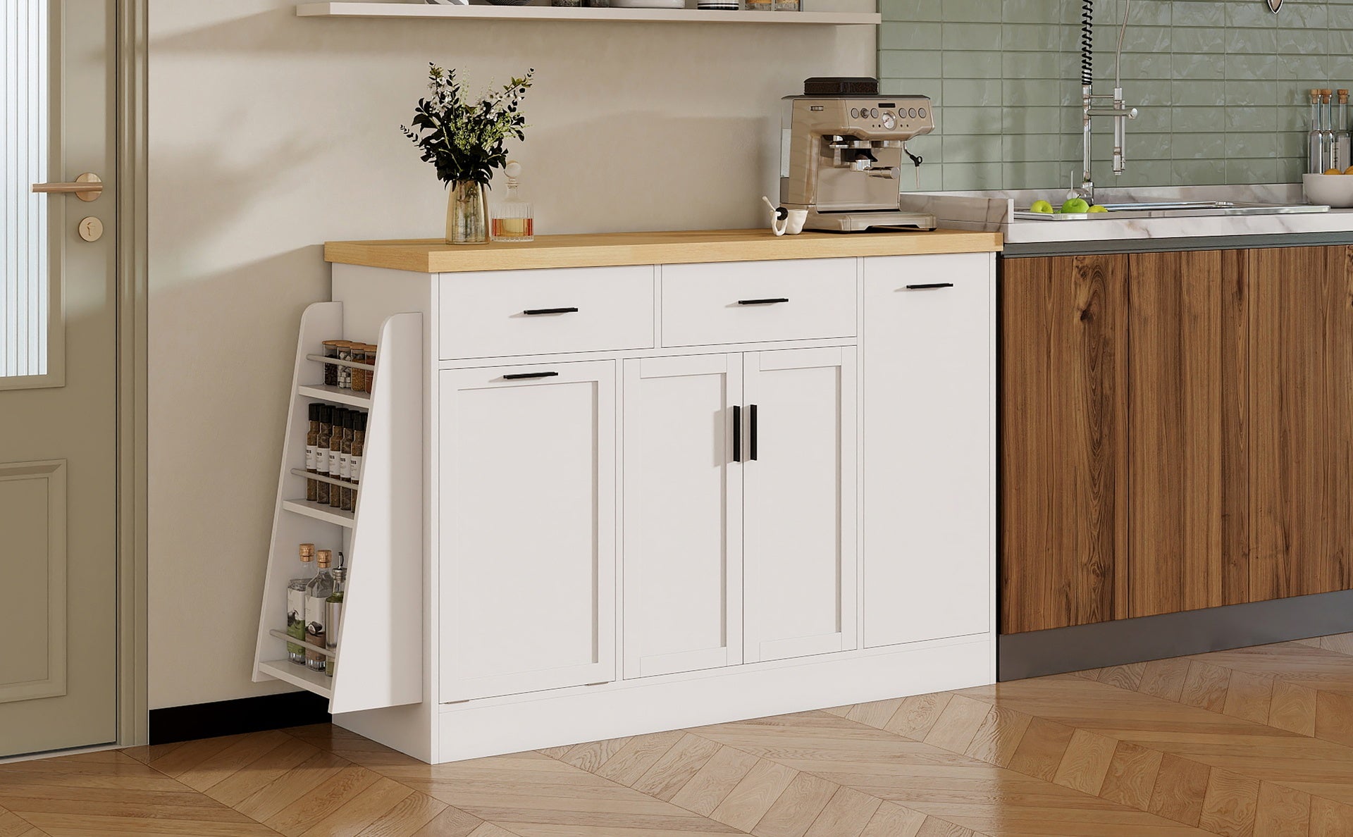 TREXM Multi-Functional Storage Sideboard, Trash Can Storage, Sliding Door Cabinet & 3-Tier Spice Rack,Kitchen Island Table for Kitchen, Dining Room (White)