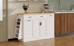 TREXM Multi-Functional Storage Sideboard, Trash Can Storage, Sliding Door Cabinet & 3-Tier Spice Rack,Kitchen Island Table for Kitchen, Dining Room (White)