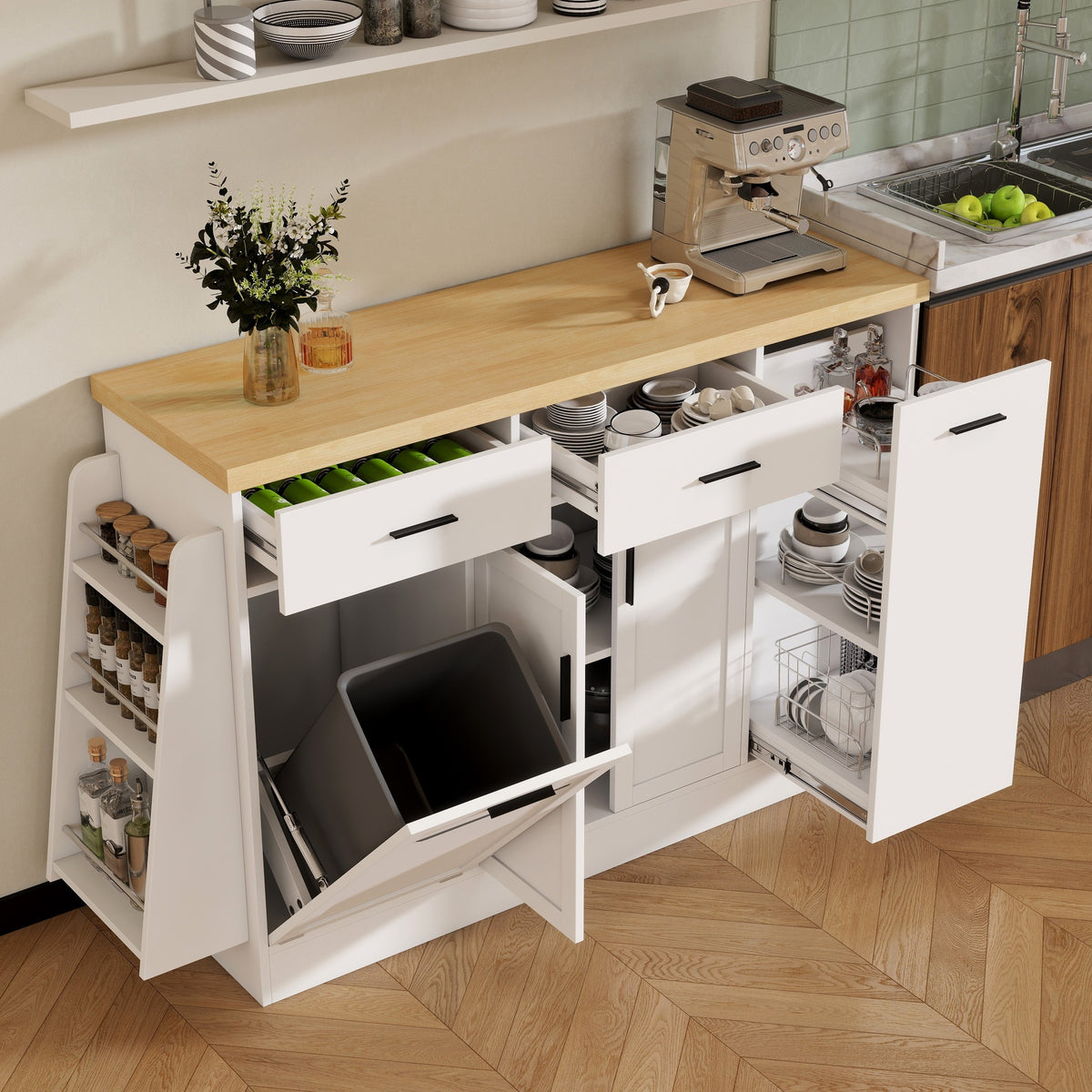 TREXM Multi-Functional Storage Sideboard, Trash Can Storage, Sliding Door Cabinet & 3-Tier Spice Rack,Kitchen Island Table for Kitchen, Dining Room (White)