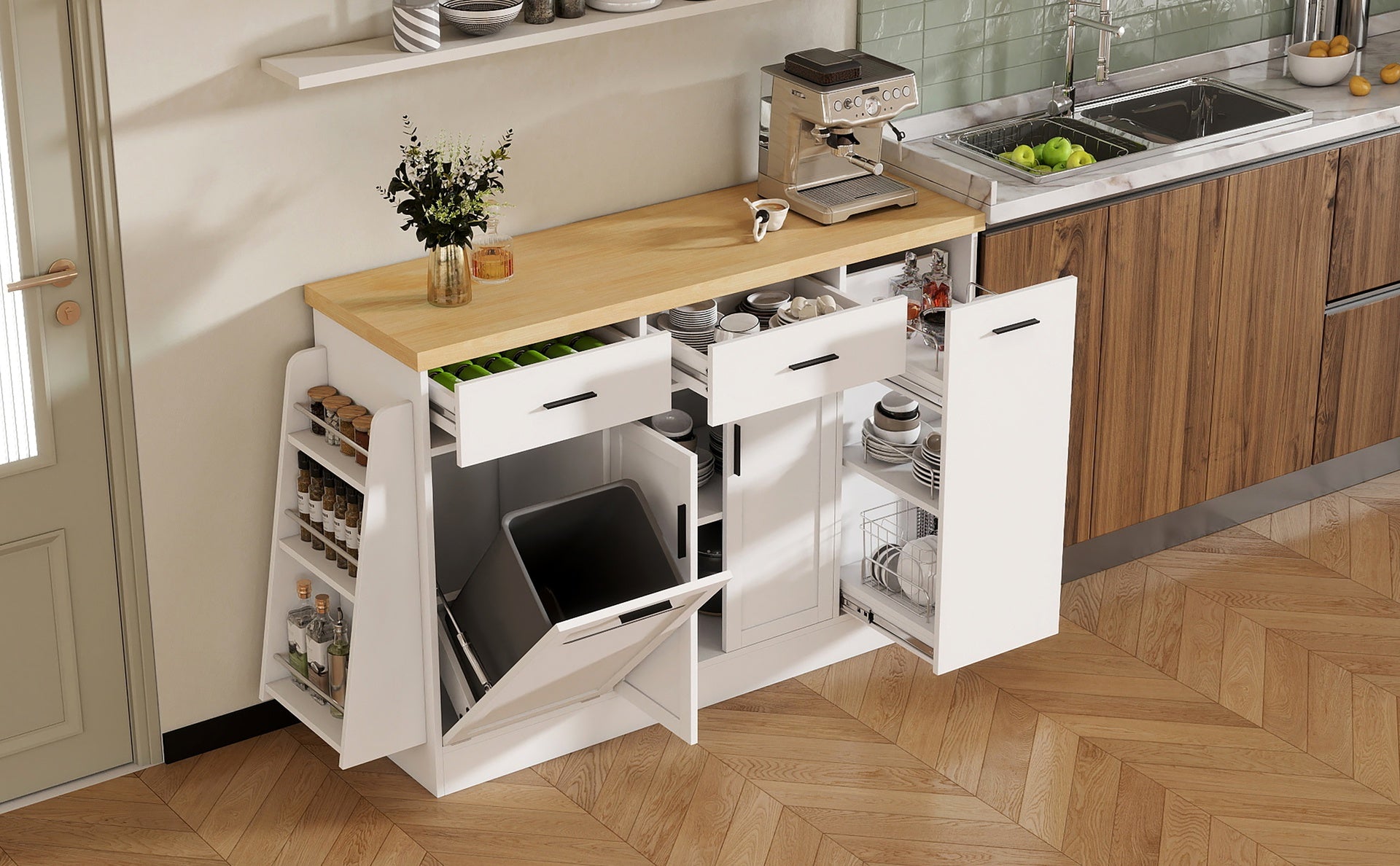 TREXM Multi-Functional Storage Sideboard, Trash Can Storage, Sliding Door Cabinet & 3-Tier Spice Rack,Kitchen Island Table for Kitchen, Dining Room (White)
