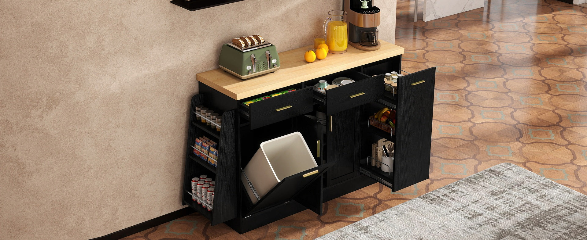 TREXM Multi-Functional Storage Sideboard, Trash Can Storage, Sliding Door Cabinet & 3-Tier Spice Rack,Kitchen Island Table for Kitchen, Dining Room (Black)