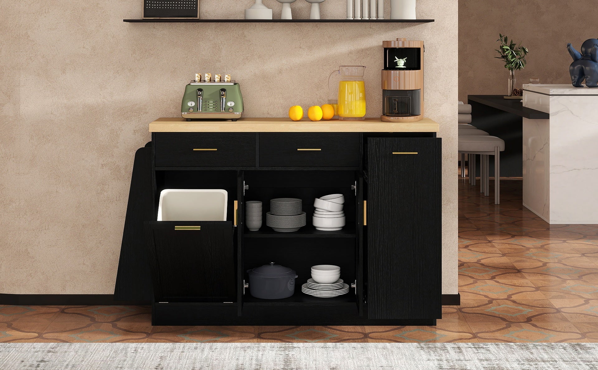 TREXM Multi-Functional Storage Sideboard, Trash Can Storage, Sliding Door Cabinet & 3-Tier Spice Rack,Kitchen Island Table for Kitchen, Dining Room (Black)