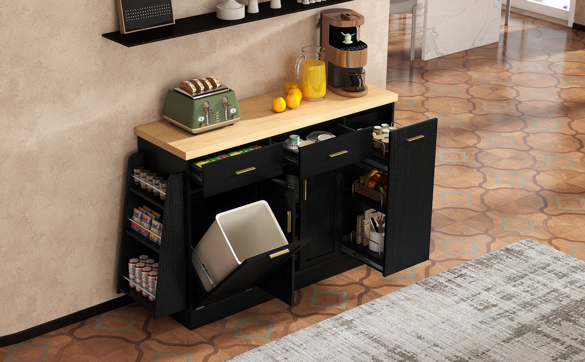TREXM Multi-Functional Storage Sideboard, Trash Can Storage, Sliding Door Cabinet & 3-Tier Spice Rack,Kitchen Island Table for Kitchen, Dining Room (Black)