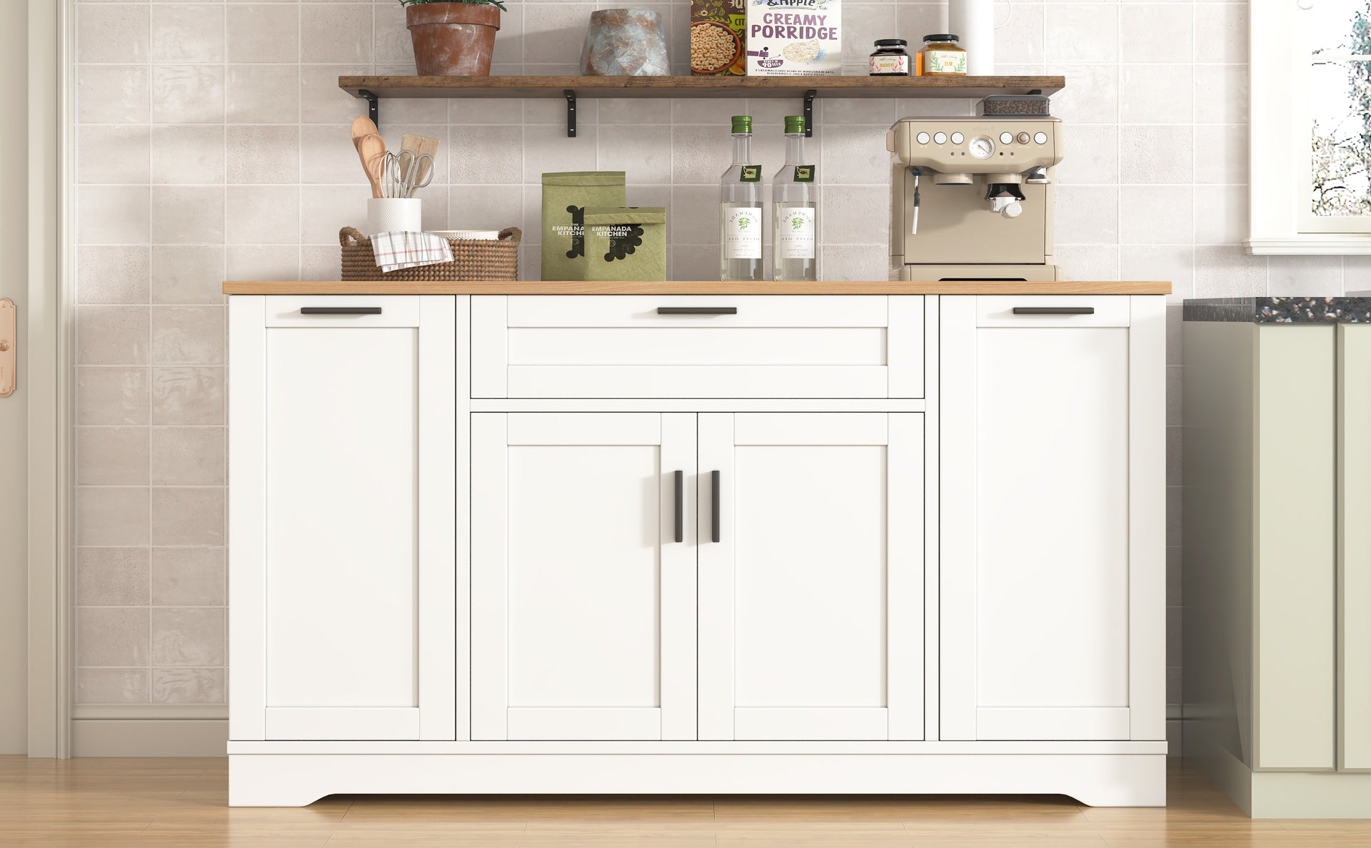 TREXM Multi-Functional Storage Sideboard, Extendable Dining Table, Adjustable Shelves, 3-Tier Pull-Out Rack, Kitchen Island Storage for Kitchen, Dining Room, Living Room (White)