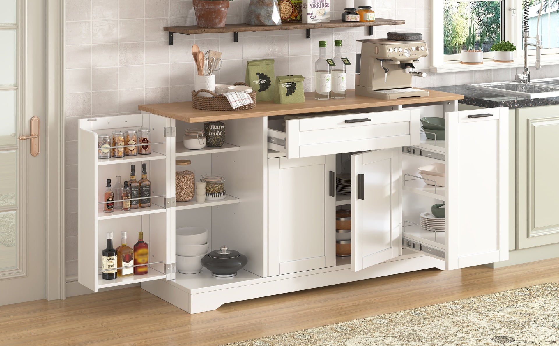 TREXM Multi-Functional Storage Sideboard, Extendable Dining Table, Adjustable Shelves, 3-Tier Pull-Out Rack, Kitchen Island Storage for Kitchen, Dining Room, Living Room (White)