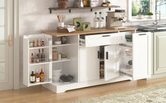 TREXM Multi-Functional Storage Sideboard, Extendable Dining Table, Adjustable Shelves, 3-Tier Pull-Out Rack, Kitchen Island Storage for Kitchen, Dining Room, Living Room (White)