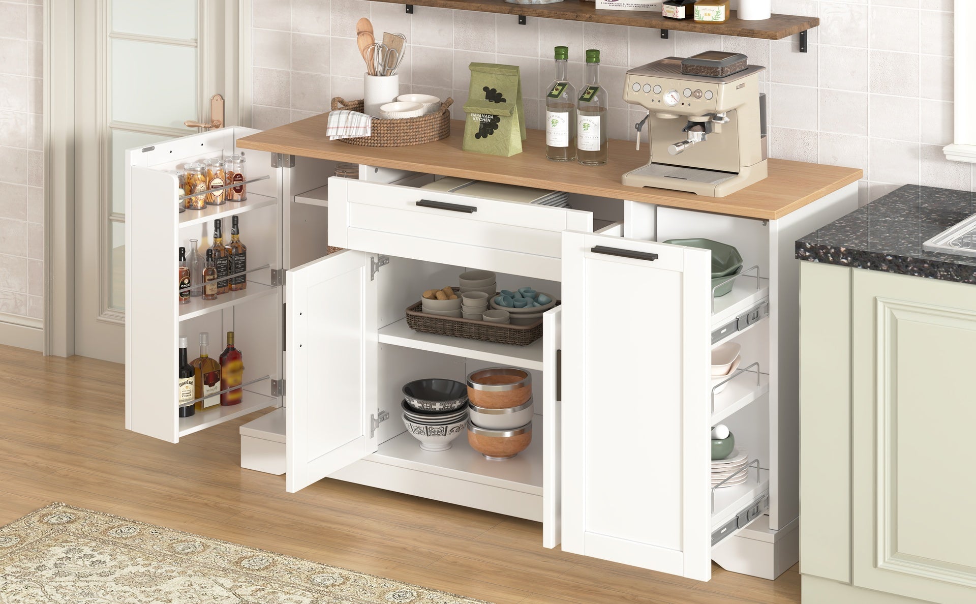 TREXM Multi-Functional Storage Sideboard, Extendable Dining Table, Adjustable Shelves, 3-Tier Pull-Out Rack, Kitchen Island Storage for Kitchen, Dining Room, Living Room (White)