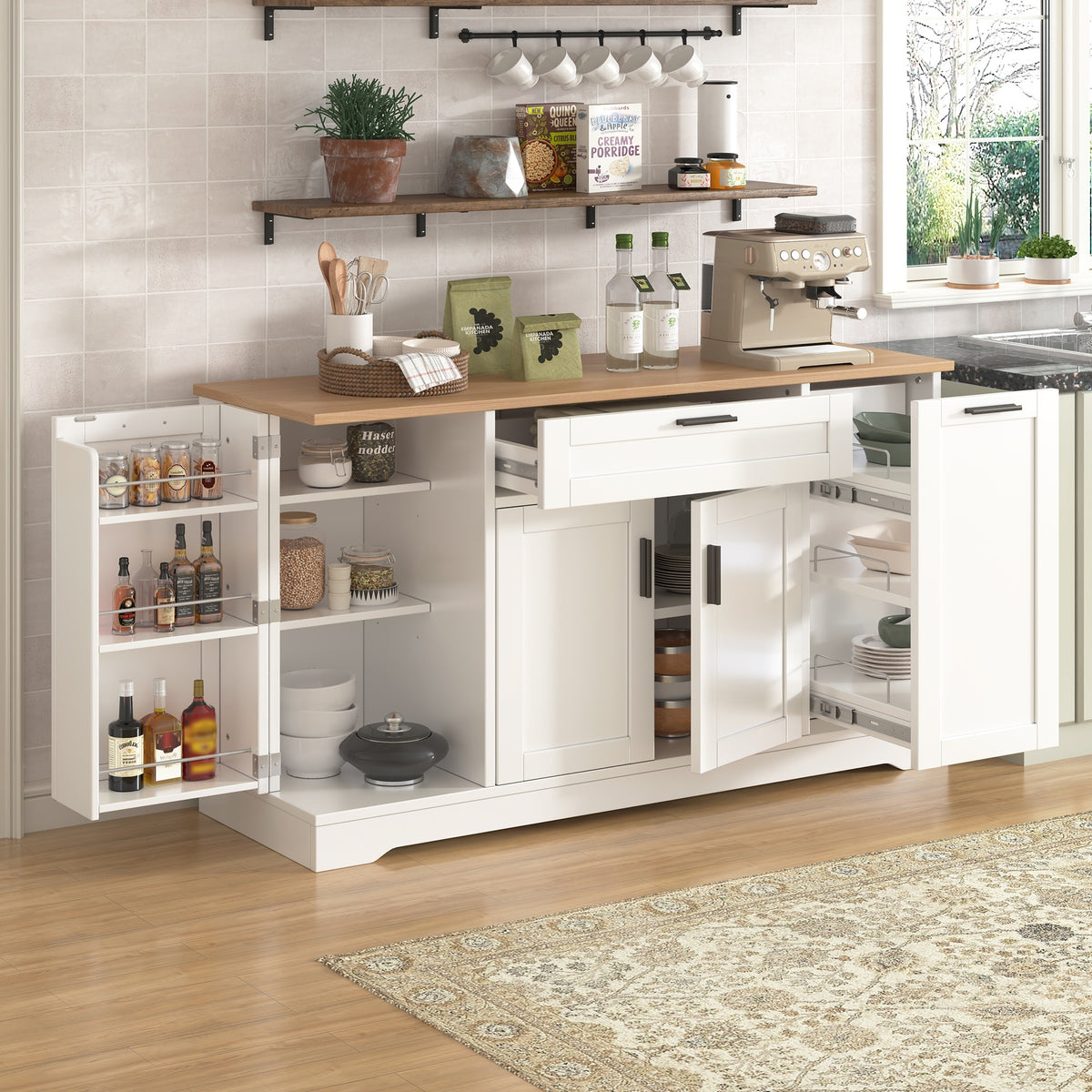 TREXM Multi-Functional Storage Sideboard, Extendable Dining Table, Adjustable Shelves, 3-Tier Pull-Out Rack, Kitchen Island Storage for Kitchen, Dining Room, Living Room (White)