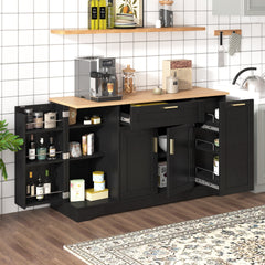 TREXM Multi-Functional Storage Sideboard, Extendable Dining Table, Adjustable Shelves, 3-Tier Pull-Out Rack, Kitchen Island Storage for Kitchen, Dining Room, Living Room (Black)