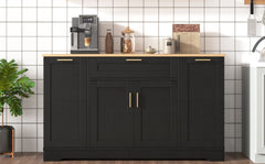 TREXM Multi-Functional Storage Sideboard, Extendable Dining Table, Adjustable Shelves, 3-Tier Pull-Out Rack, Kitchen Island Storage for Kitchen, Dining Room, Living Room (Black)