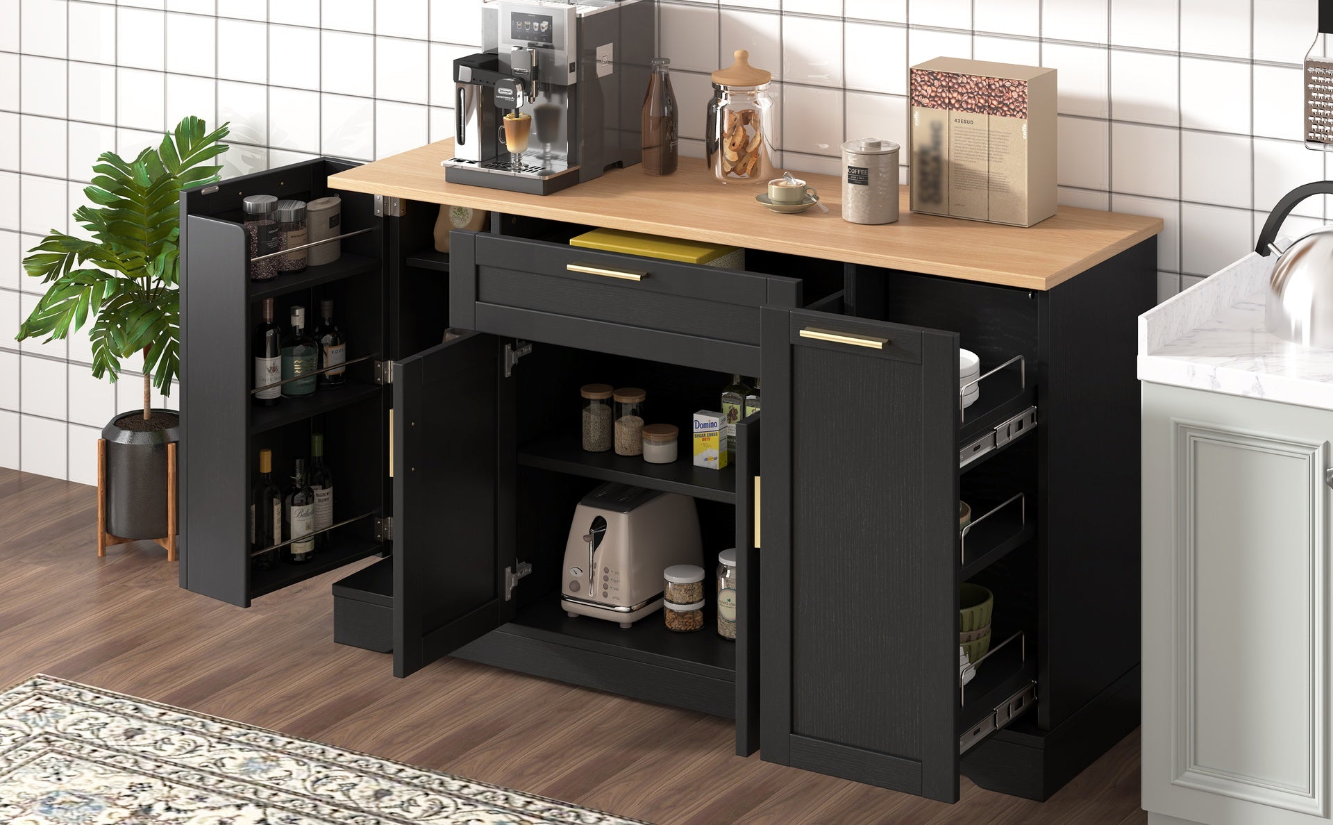 TREXM Multi-Functional Storage Sideboard, Extendable Dining Table, Adjustable Shelves, 3-Tier Pull-Out Rack, Kitchen Island Storage for Kitchen, Dining Room, Living Room (Black)