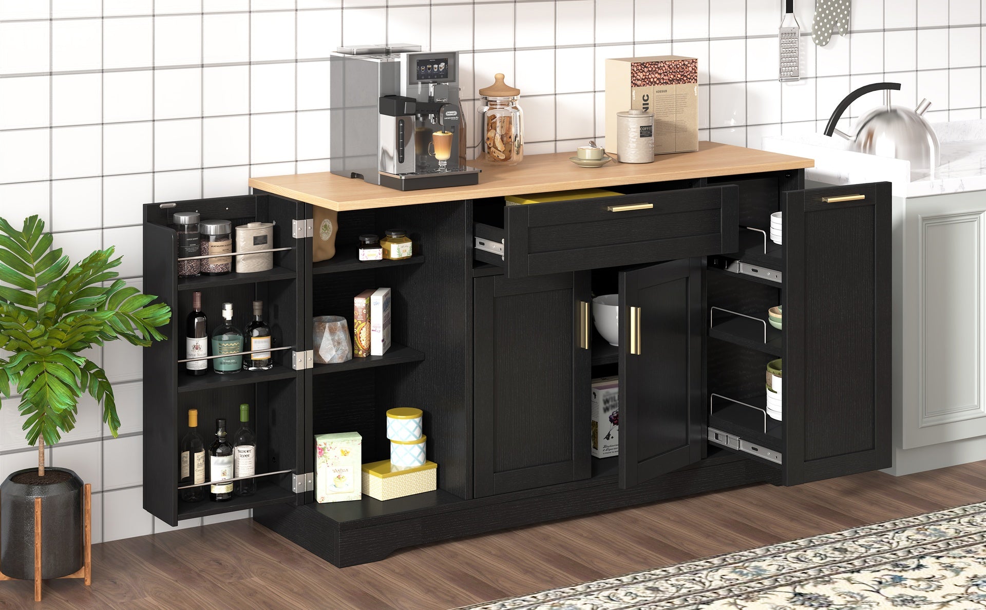TREXM Multi-Functional Storage Sideboard, Extendable Dining Table, Adjustable Shelves, 3-Tier Pull-Out Rack, Kitchen Island Storage for Kitchen, Dining Room, Living Room (Black)