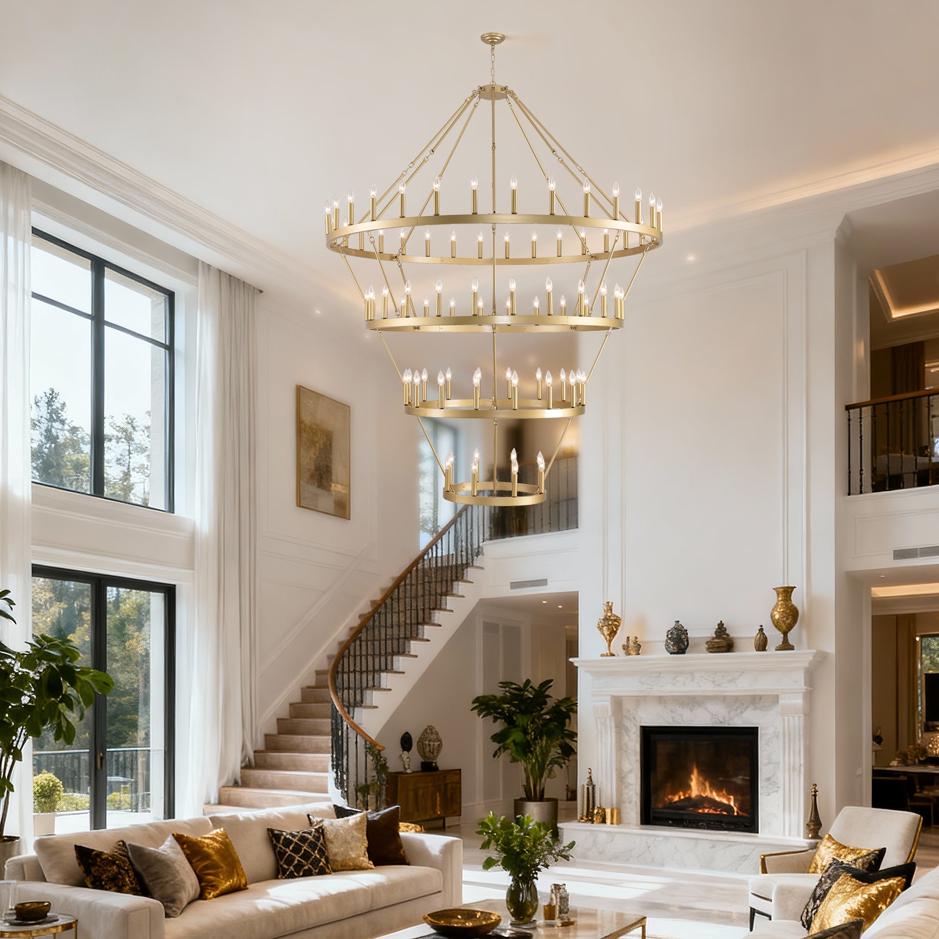 70.87 INCH 3 Tiers Wagon Wheel Chandelier  Farmhouse 60-Light , Gold Color Metal Chandeliers 4-Story Light Fixtures Industrial for High Ceiling Living Dining Room Foyer. Adjustable Height-E12