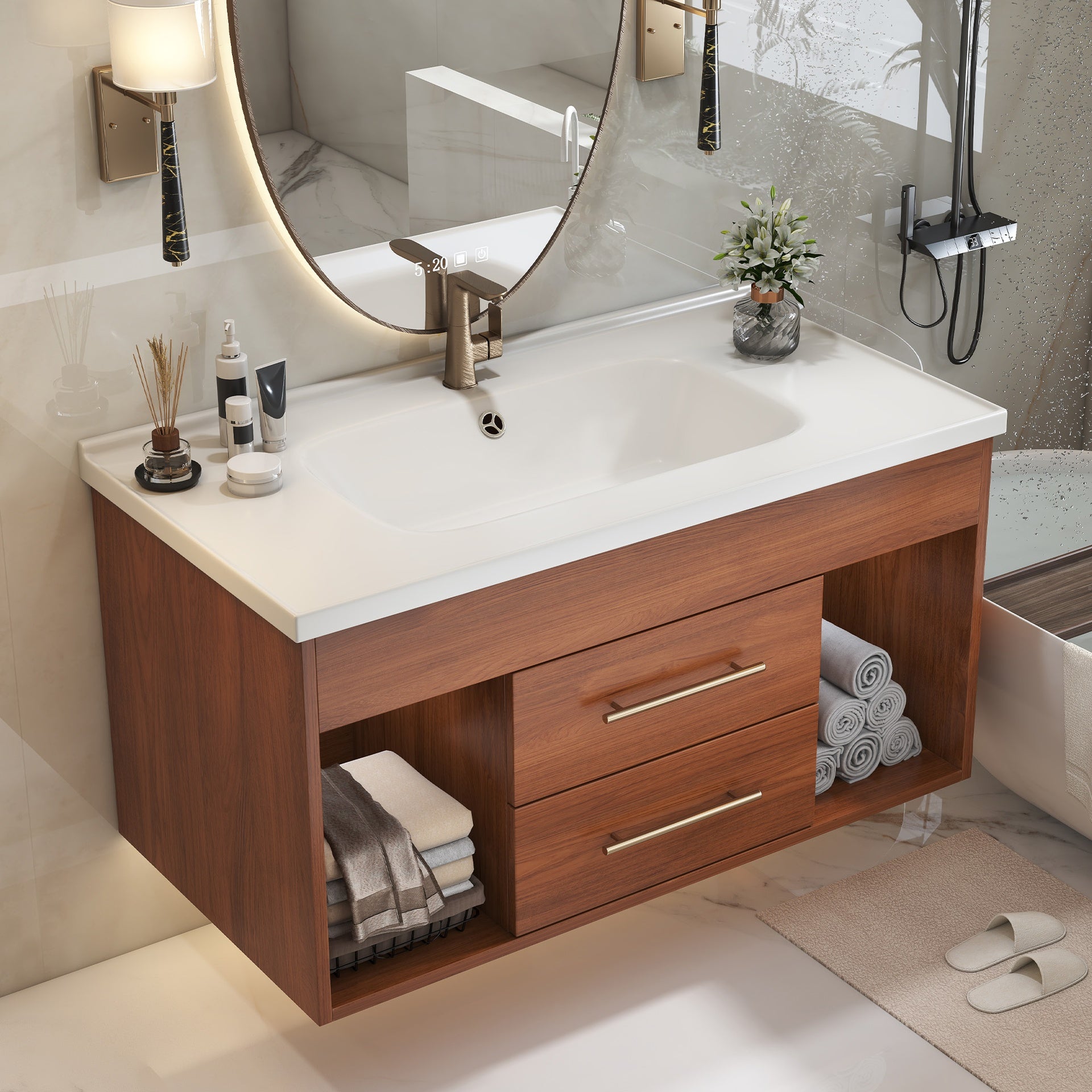 35.4" Mid-century Modern Single Bathroom Vanity with Integrated Ceramic Undermount Sink