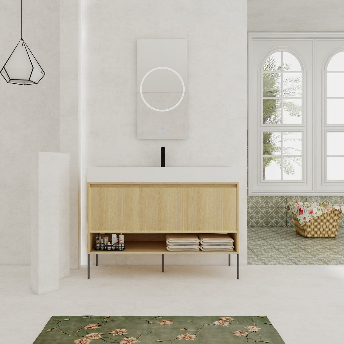 48" Bathroom Vanity Combo w/Single Resin Sink, Modern Storage Cabinet Set 3 Door, Multilayer solid wood, Oak