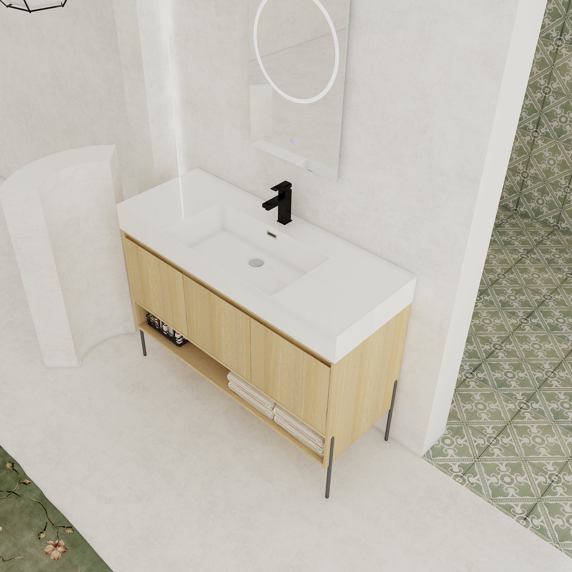 48" Bathroom Vanity Combo w/Single Resin Sink, Modern Storage Cabinet Set 3 Door, Multilayer solid wood, Oak