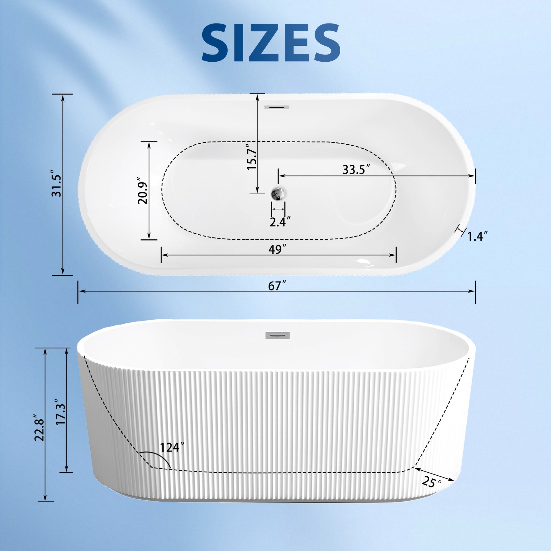 67" Linear Acrylic Freestanding Bathtub,Stand Alone Soaker Tub, Glossy White Acrylic, Toe-tap Chrome Drain, cUPC Certified