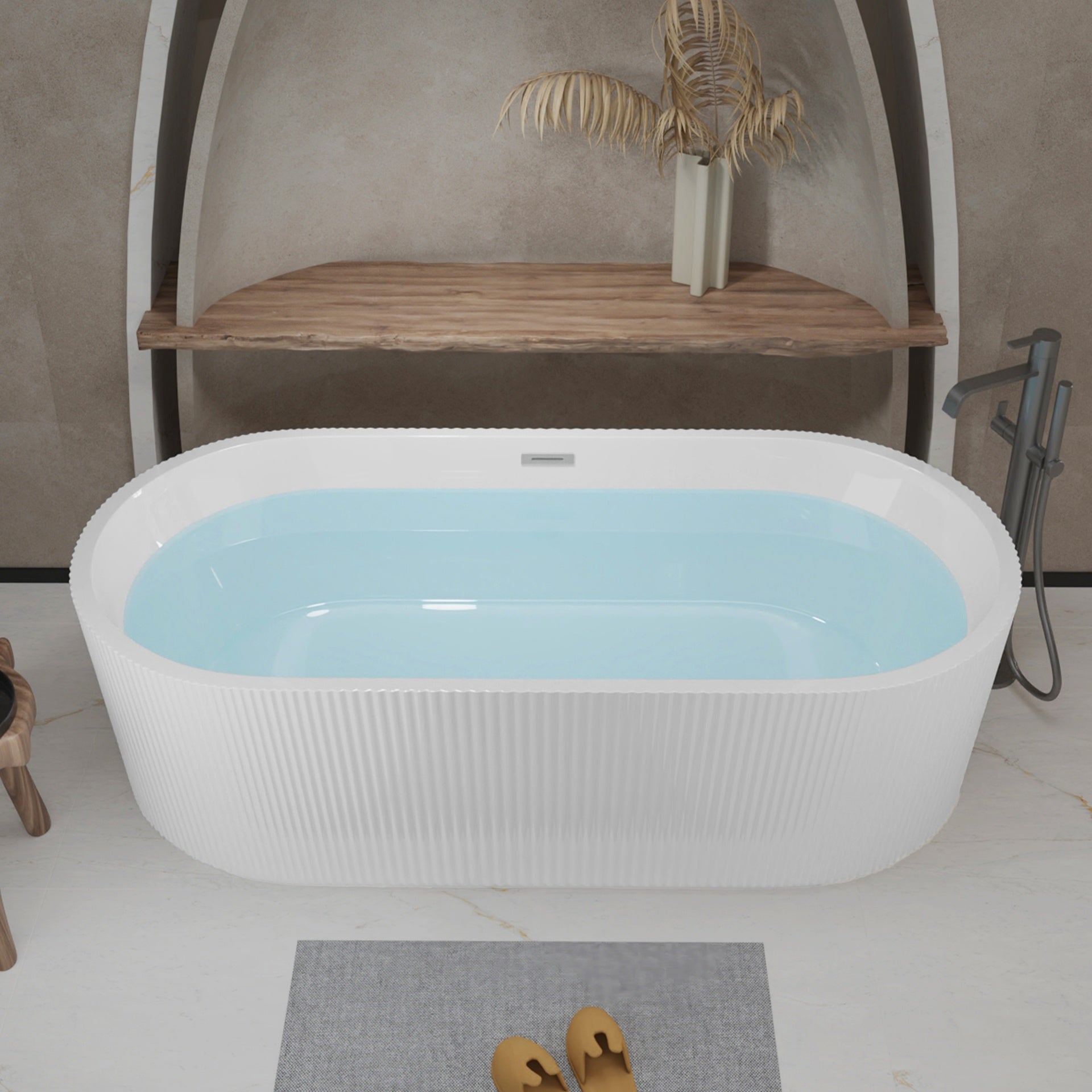 67" Linear Acrylic Freestanding Bathtub,Stand Alone Soaker Tub, Glossy White Acrylic, Toe-tap Chrome Drain, cUPC Certified