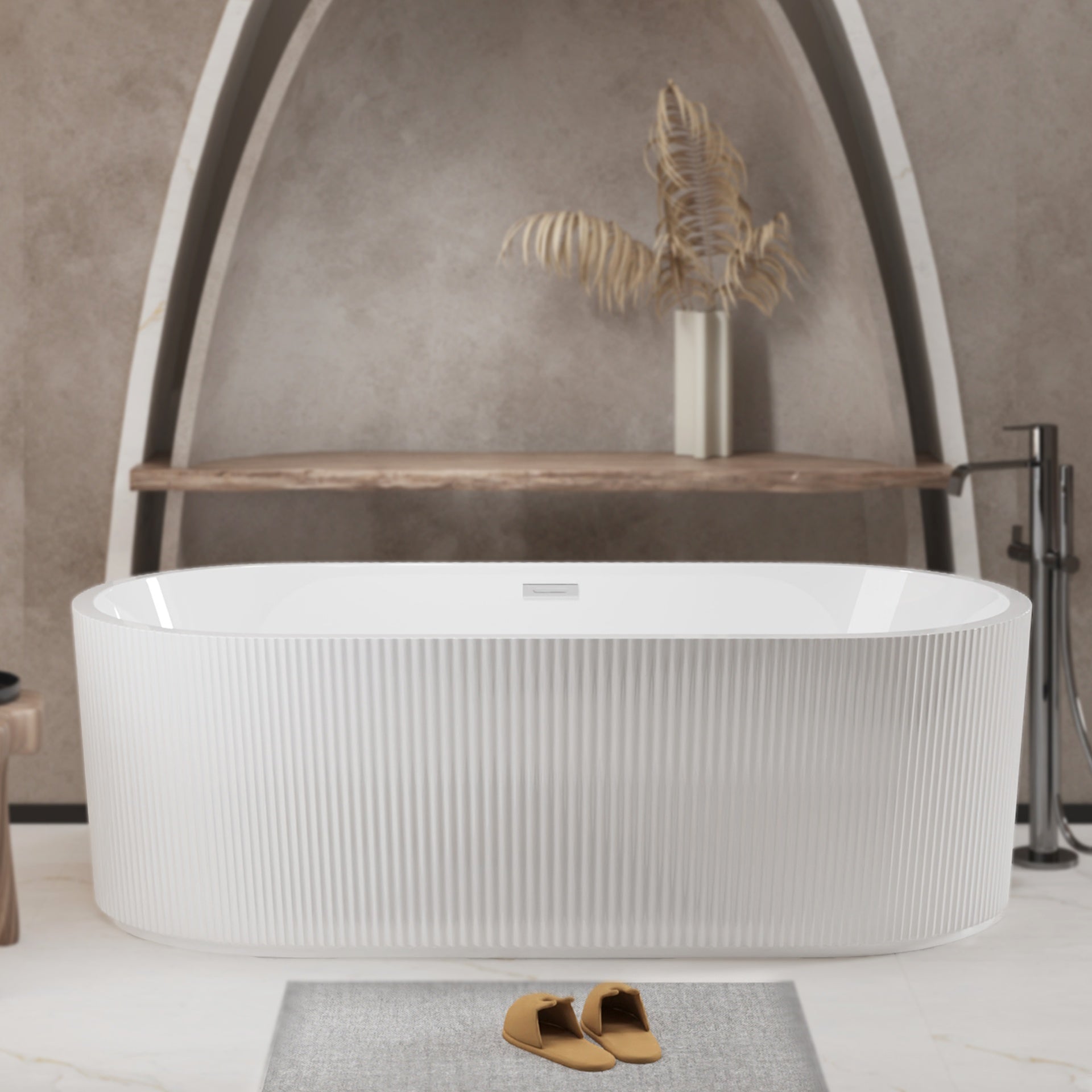 67" Linear Acrylic Freestanding Bathtub,Stand Alone Soaker Tub, Glossy White Acrylic, Toe-tap Chrome Drain, cUPC Certified