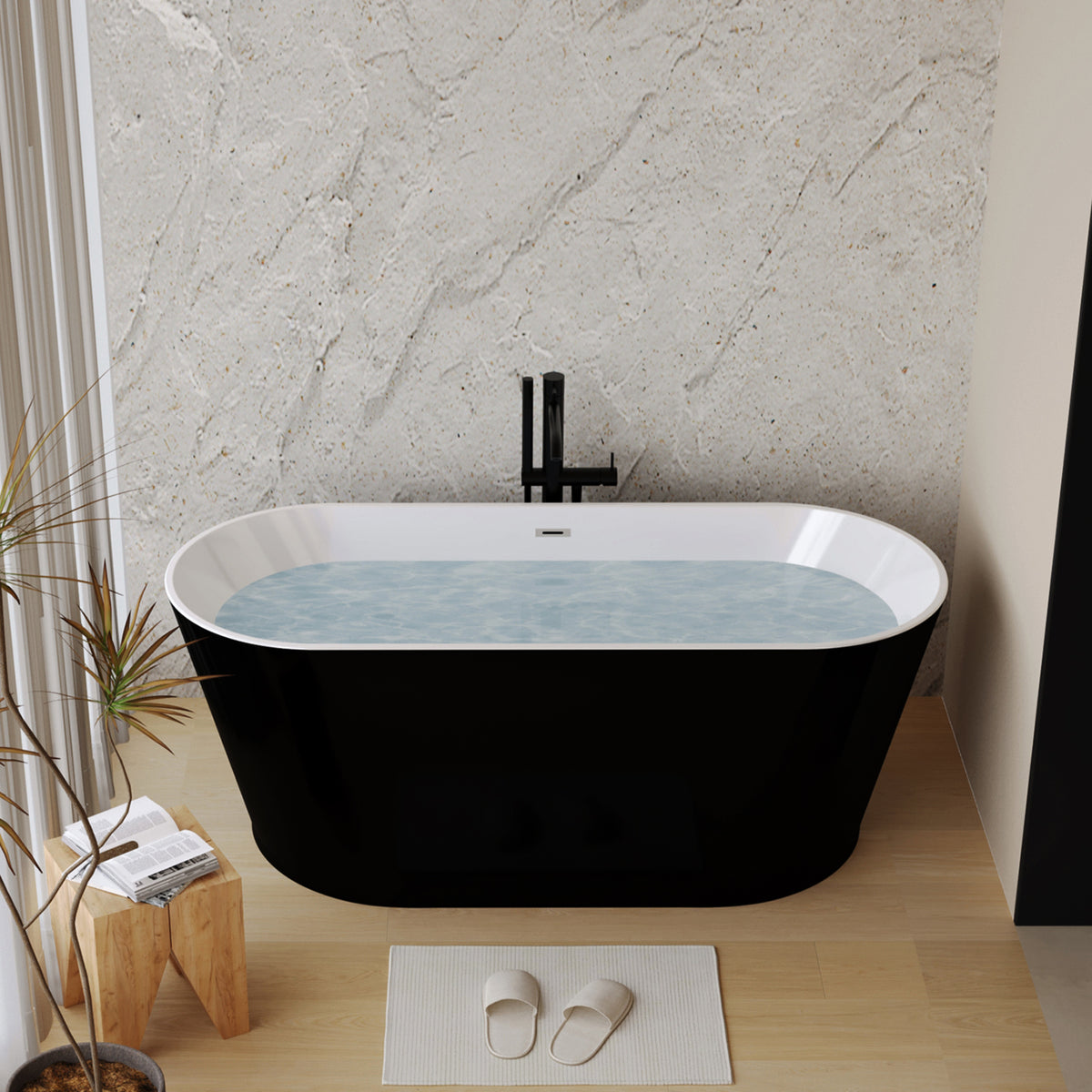 59" Acrylic Freestanding Bathtub, Stand Alone Soaking Tub, Glossy Black Acrylic, Toe-tap Chrome Drain, cUPC Certified