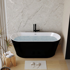 59" Acrylic Freestanding Bathtub, Stand Alone Soaking Tub, Glossy Black Acrylic, Toe-tap Chrome Drain, cUPC Certified