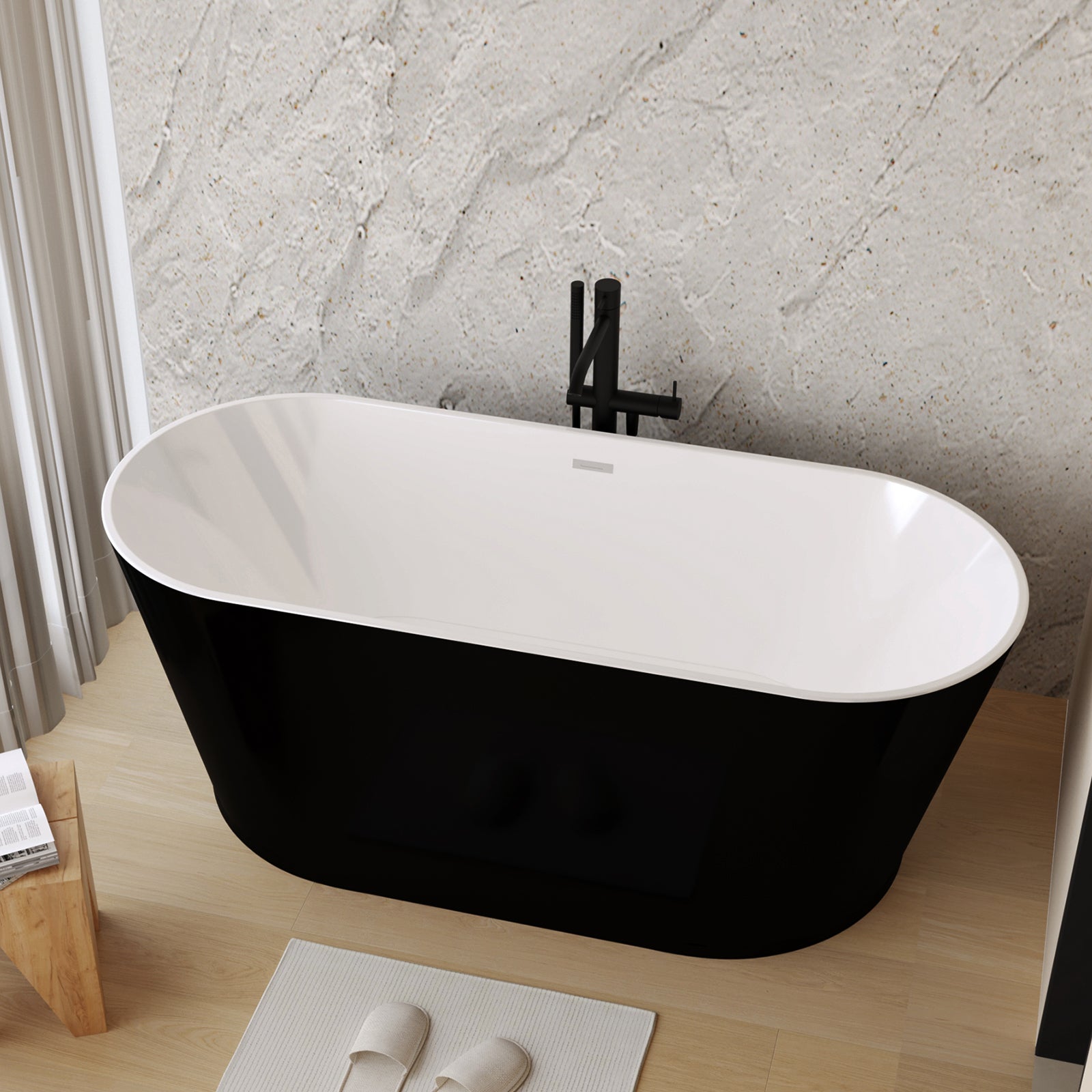 59" Acrylic Freestanding Bathtub, Stand Alone Soaking Tub, Glossy Black Acrylic, Toe-tap Chrome Drain, cUPC Certified