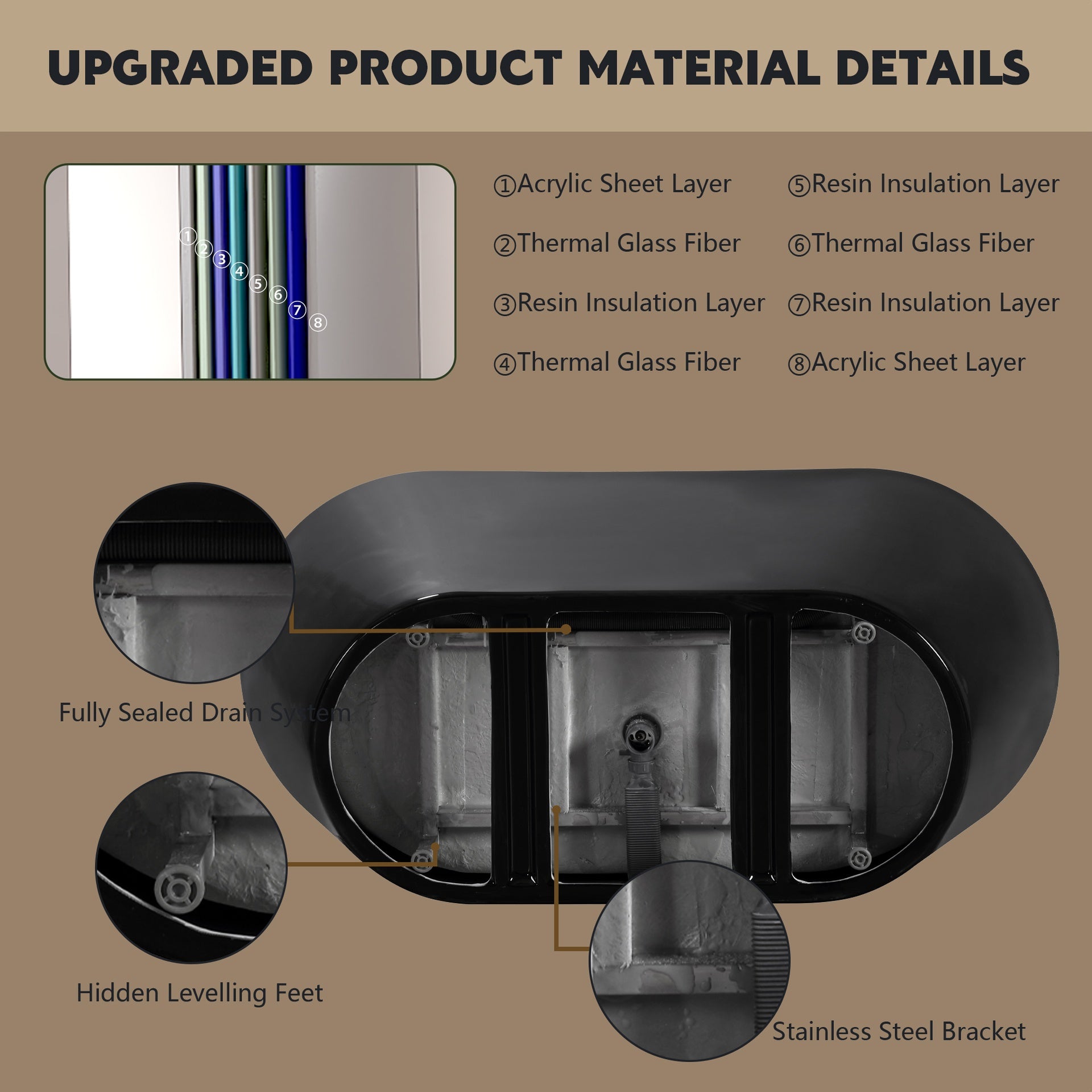 59" Acrylic Freestanding Bathtub, Stand Alone Soaking Tub, Glossy Black Acrylic, Toe-tap Chrome Drain, cUPC Certified