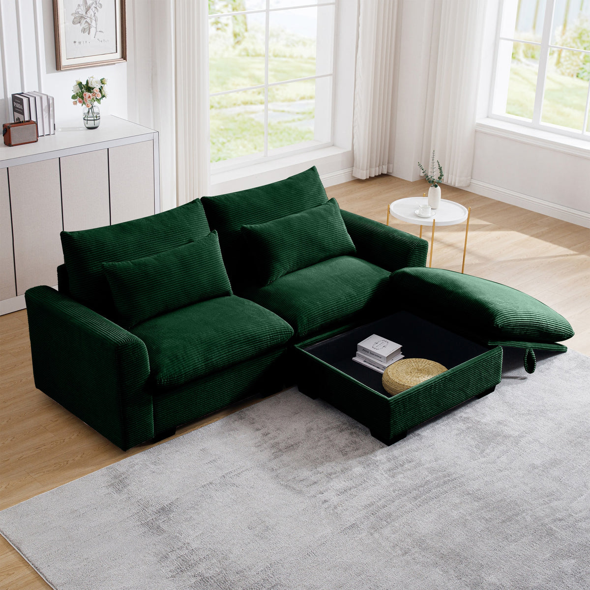 Sectional Sofa Comfy Corduroy Couch for Living Room with Pillows and Round Armrests, Modern Corduroy Sofa Sleeper Deep Couches with Storage Ottoman (Green, 2-Seat)