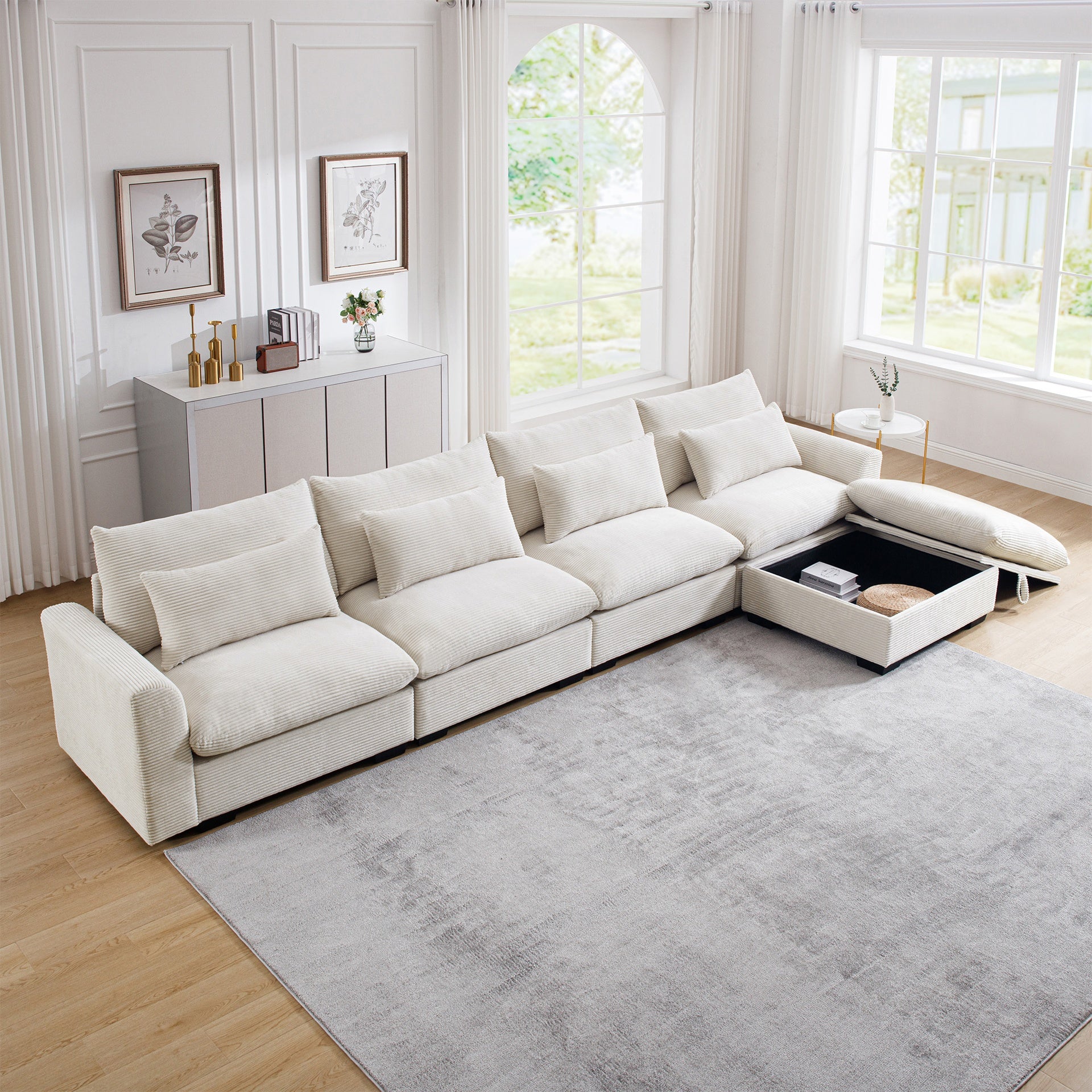 Large L Shape Sectional Corduroy Sofa,Deep Seat Couch with Storage Footstool and 4 Waist Pillows,Beige