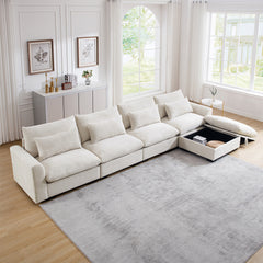 Large L Shape Sectional Corduroy Sofa,Deep Seat Couch with Storage Footstool and 4 Waist Pillows,Beige