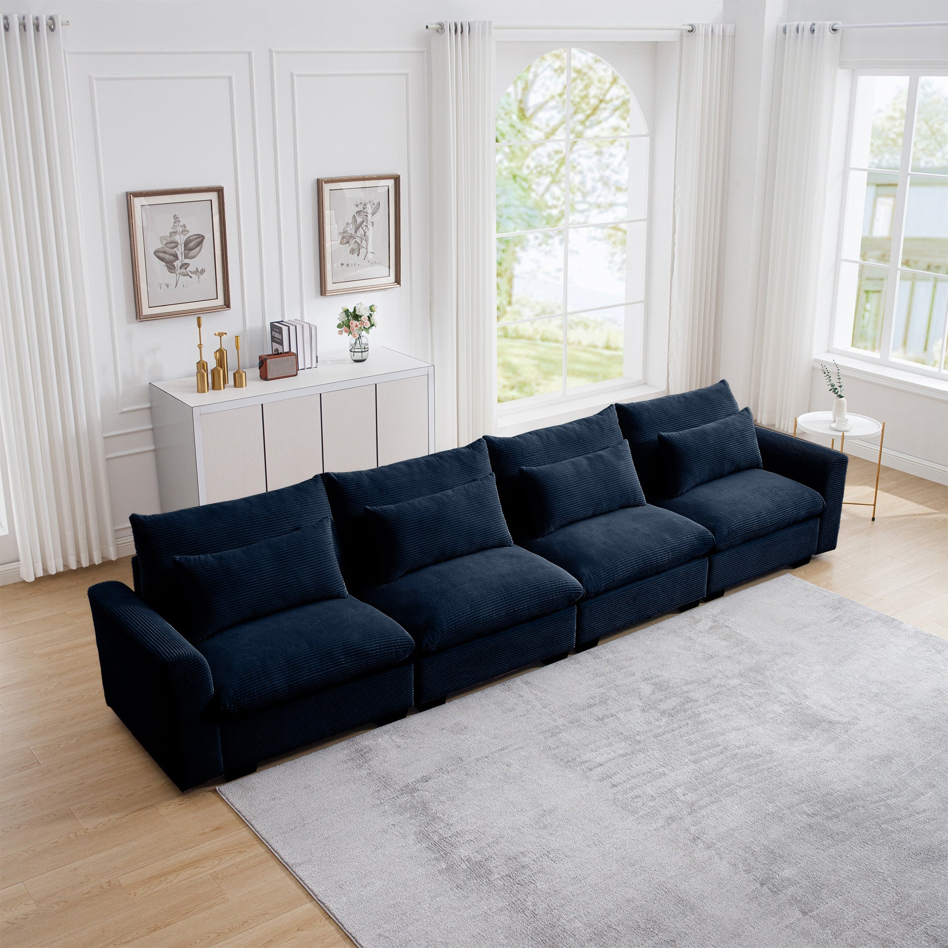 4 Seater Deep Seat Couches for Living Room, Comfy Blue Corduroy Sofas for Living Room Modern with 4 Waist Pillows