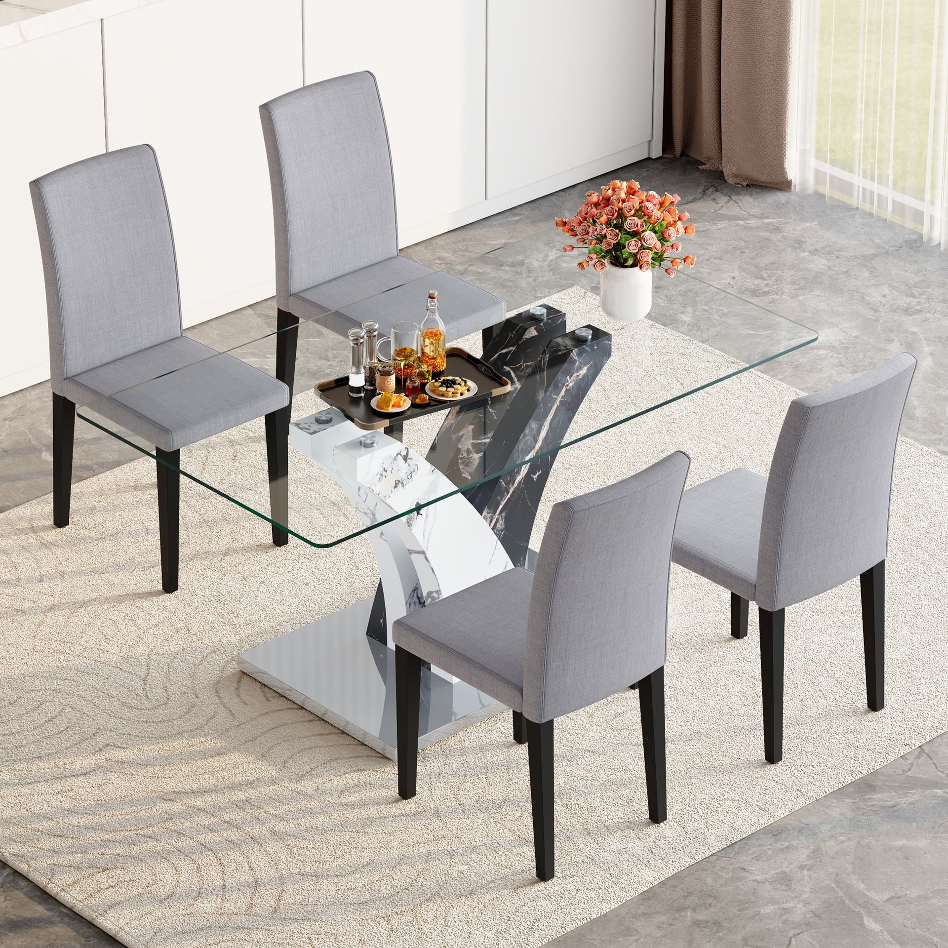 Table and chair set.Modern dining table, tempered glass countertop, and artistic MDF legs.Paried With 4 Light Gray Linen-Cotton dining chairs, simple and versatile, comfortable and accompanied.