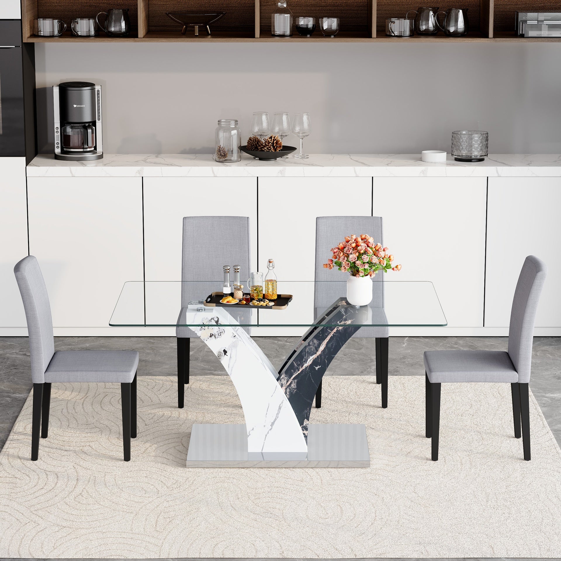 Table and chair set.Modern dining table, tempered glass countertop, and artistic MDF legs.Paried With 4 Light Gray Linen-Cotton dining chairs, simple and versatile, comfortable and accompanied.