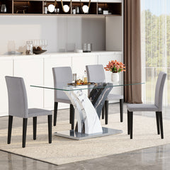 Table and chair set.Modern dining table, tempered glass countertop, and artistic MDF legs.Paried With 4 Light Gray Linen-Cotton dining chairs, simple and versatile, comfortable and accompanied.