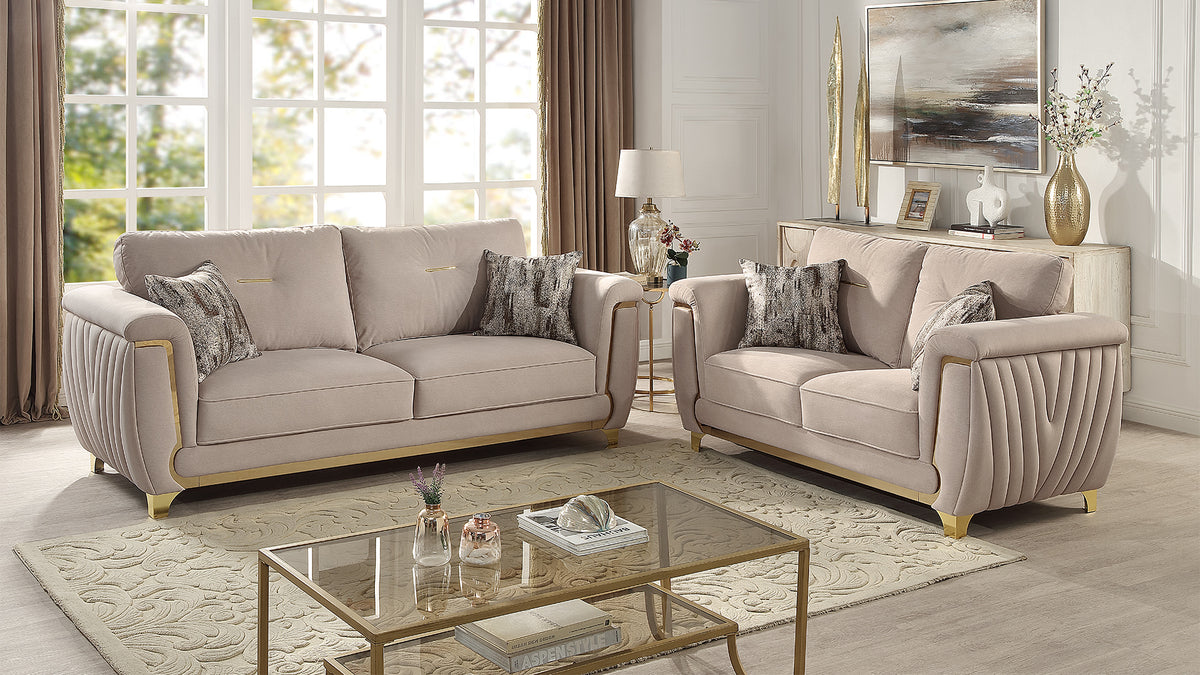 Leena Contemporary Style Upholstery 2PC Livingroom Set Made with Wood in Gold accent & Beige