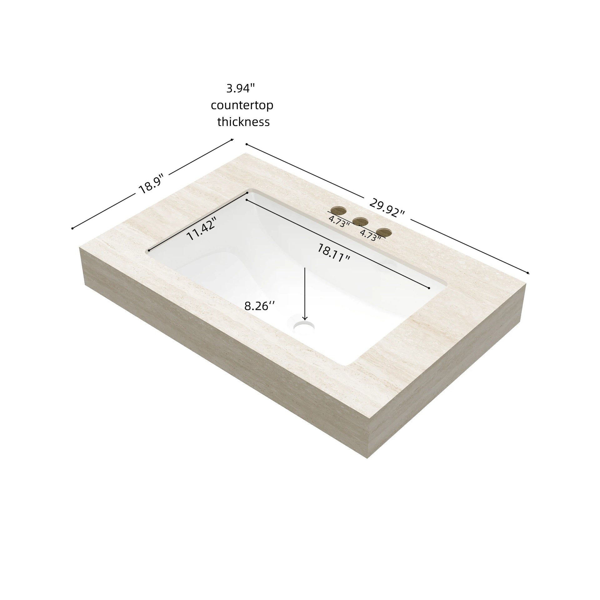 30" MURI Roma Travertine-Pattern Sintered Stone Countertop and Undermount Ceramic Basin with Three Standard Pre-drilled Faucet Holes, NO Cabinet, NO Faucet and Sink Cover