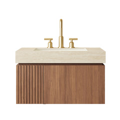 MURI 30" Bathroom Vanity&Sink, Floating Plywood Storage Cabinet with Drawer&Door, Roma Travertine Sintered Stone Top&Ceramic Basin with 3 Pre-drilled Faucet Holes, Pre-assembled, Brown Oak Woodgrain
