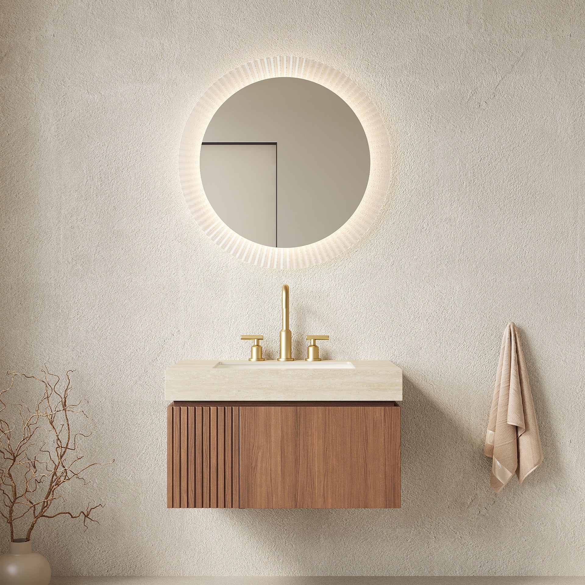 MURI 30" Bathroom Vanity&Sink, Floating Plywood Storage Cabinet with Drawer&Door, Roma Travertine Sintered Stone Top&Ceramic Basin with 3 Pre-drilled Faucet Holes, Pre-assembled, Brown Oak Woodgrain