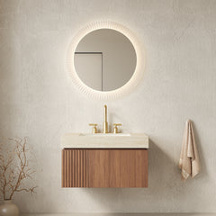 MURI 30" Bathroom Vanity&Sink, Floating Plywood Storage Cabinet with Drawer&Door, Roma Travertine Sintered Stone Top&Ceramic Basin with 3 Pre-drilled Faucet Holes, Pre-assembled, Brown Oak Woodgrain