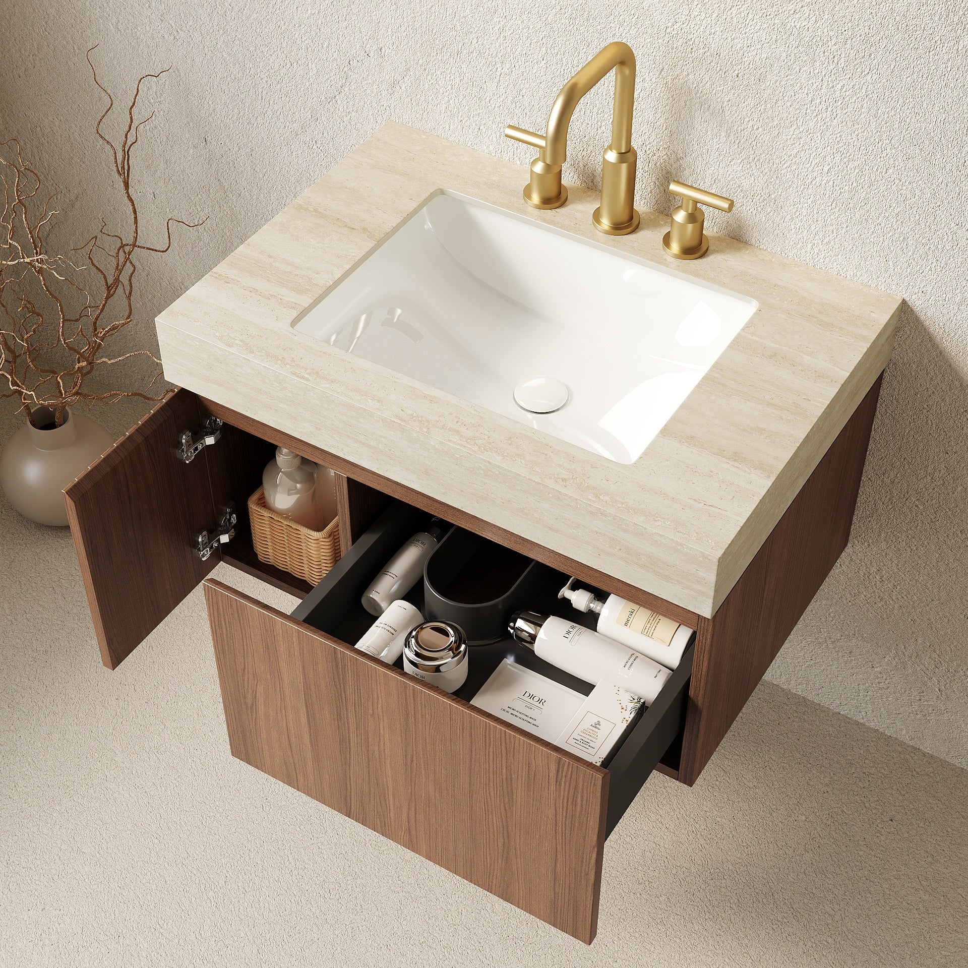 MURI 30" Bathroom Vanity&Sink, Floating Plywood Storage Cabinet with Drawer&Door, Roma Travertine Sintered Stone Top&Ceramic Basin with 3 Pre-drilled Faucet Holes, Pre-assembled, Brown Oak Woodgrain