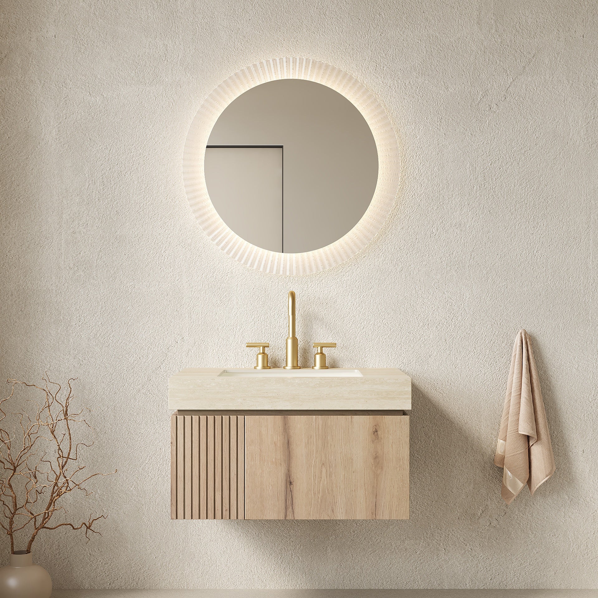 MURI 30" Bathroom Vanity&Sink, Floating Plywood Storage Cabinet with Drawer&Door, Roma Travertine Sintered Stone Top&Ceramic Basin with 3 Pre-drilled Faucet Holes, Pre-assembled, White Oak Woodgrain