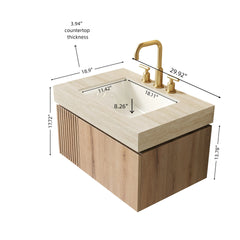 MURI 30" Bathroom Vanity&Sink, Floating Plywood Storage Cabinet with Drawer&Door, Roma Travertine Sintered Stone Top&Ceramic Basin with 3 Pre-drilled Faucet Holes, Pre-assembled, White Oak Woodgrain