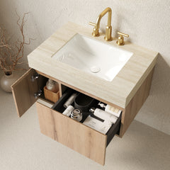 MURI 30" Bathroom Vanity&Sink, Floating Plywood Storage Cabinet with Drawer&Door, Roma Travertine Sintered Stone Top&Ceramic Basin with 3 Pre-drilled Faucet Holes, Pre-assembled, White Oak Woodgrain