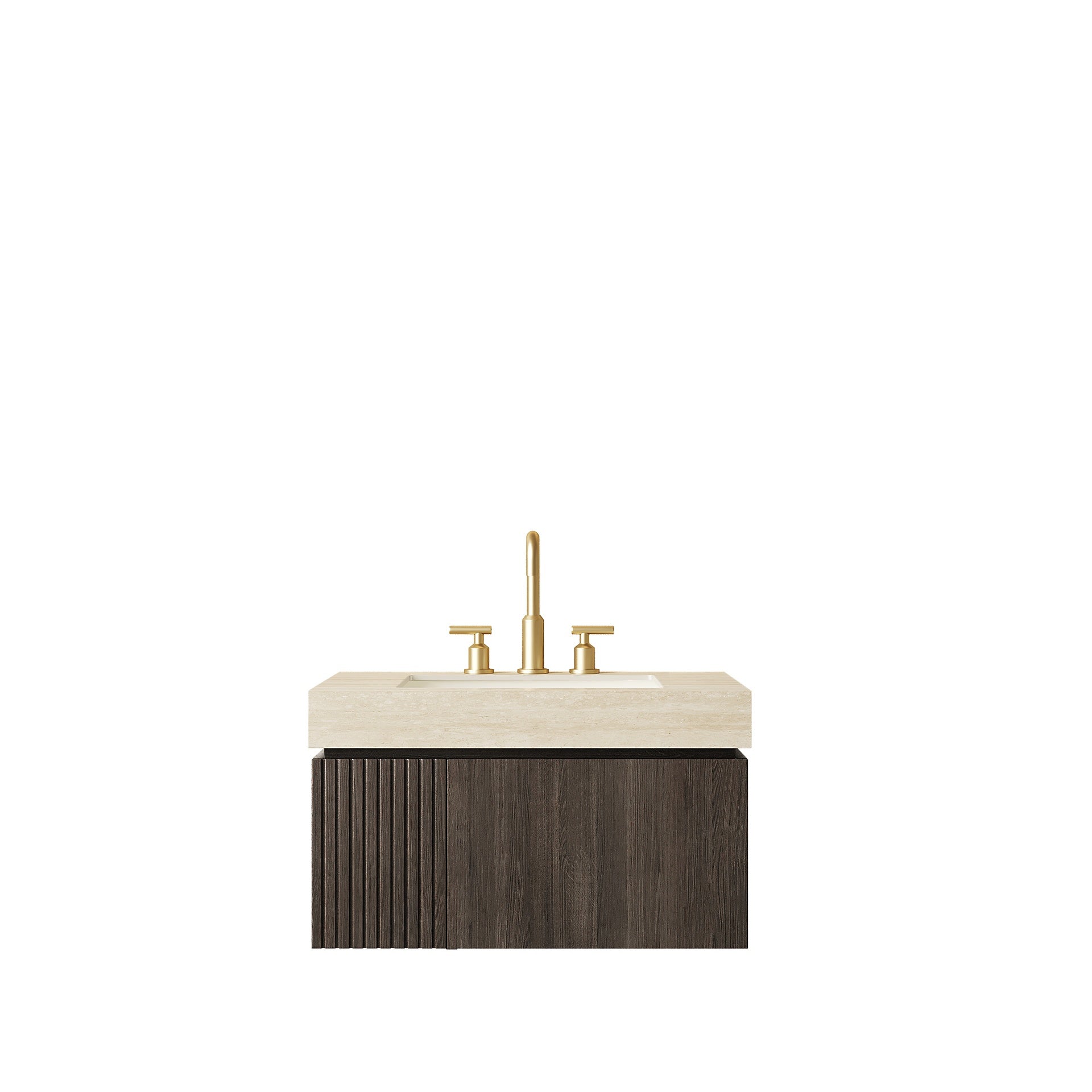 MURI 30" Bathroom Vanity&Sink, Floating Plywood Storage Cabinet with Drawer&Door, Roma Travertine Sintered Stone Top&Ceramic Basin with 3 Pre-drilled Faucet Holes, Pre-assembled, Espresso Woodgrain