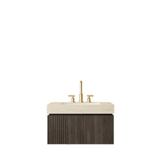 MURI 30" Bathroom Vanity&Sink, Floating Plywood Storage Cabinet with Drawer&Door, Roma Travertine Sintered Stone Top&Ceramic Basin with 3 Pre-drilled Faucet Holes, Pre-assembled, Espresso Woodgrain
