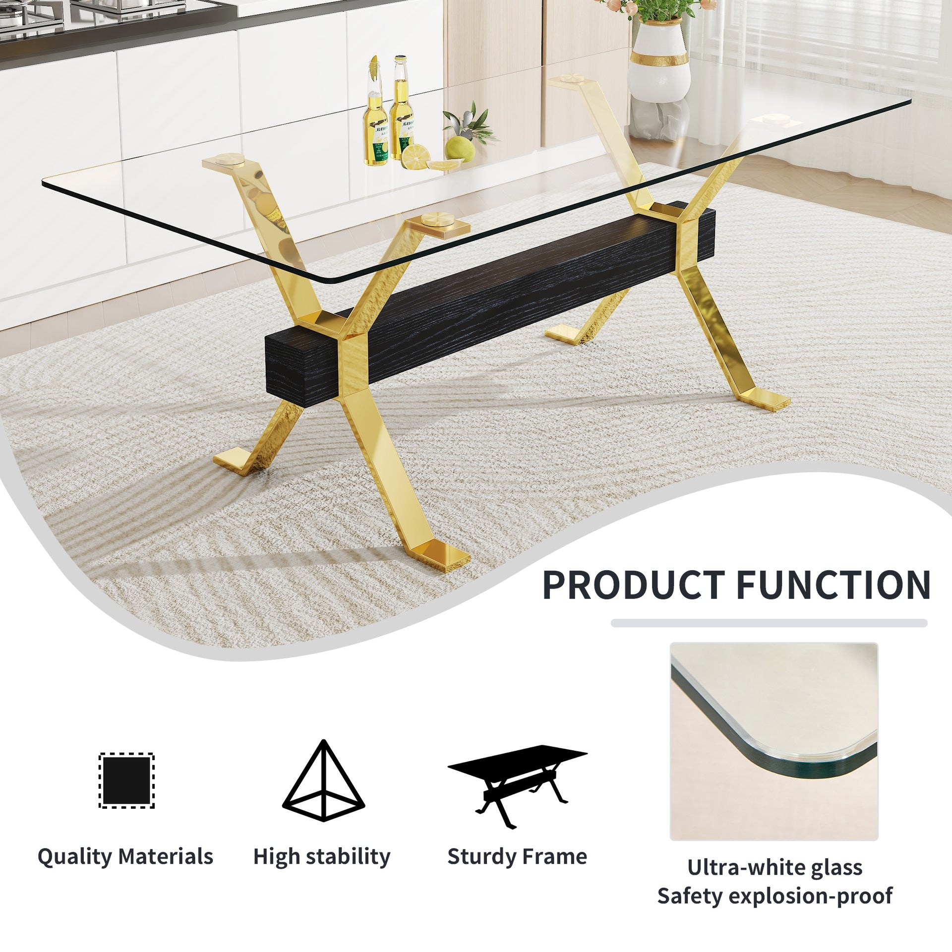 Dining table. Modern tempered glass dining table. Large modern office desk with gold plated metal legs and MDF crossbars, suitable for both home and office use. Kitchen. 79 ''x39''x30 ''  1105