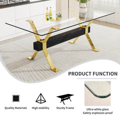Dining table. Modern tempered glass dining table. Large modern office desk with gold plated metal legs and MDF crossbars, suitable for both home and office use. Kitchen. 79 ''x39''x30 ''  1105
