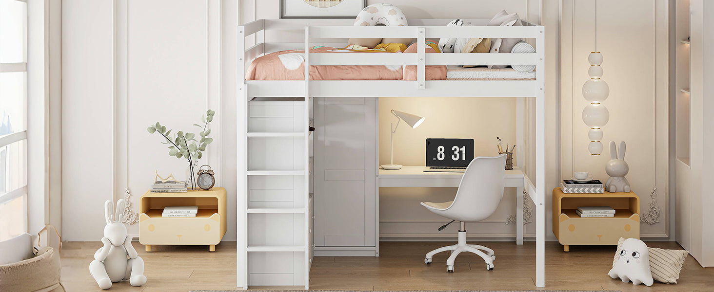Wood Full Size Loft Bed with Built-in Wardrobe, Desk, Storage Shelves and Drawers, White